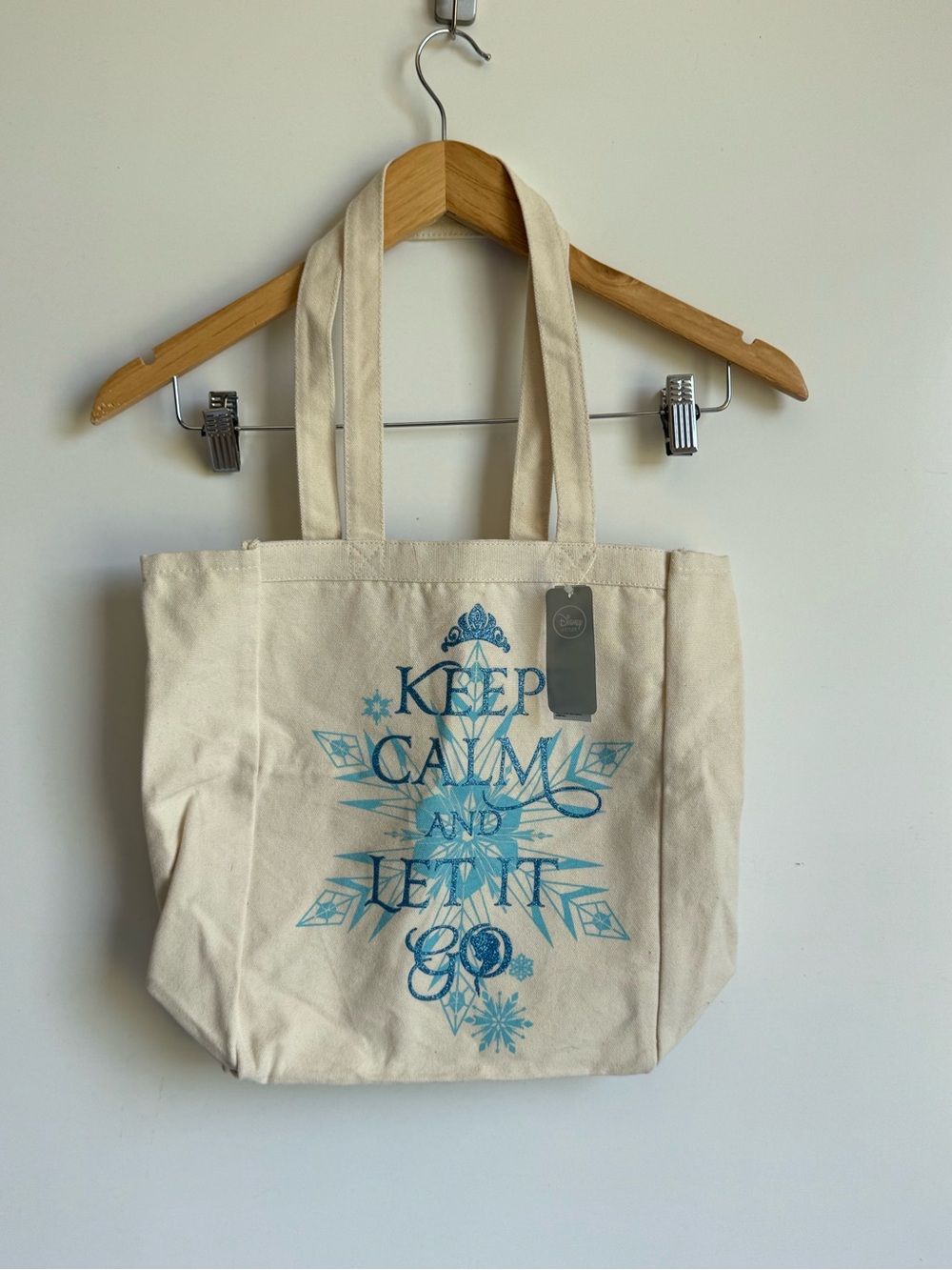 Disney Store Frozen "Keep Calm and Let It Go" canvas tote bag glitter snowflake‎